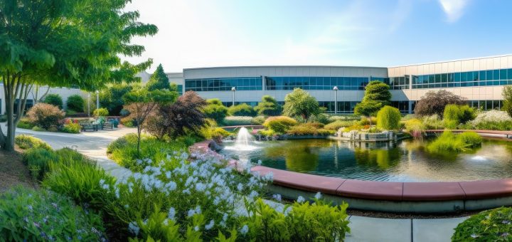 Therapeutic garden layouts supporting calming outdoor environments for healthcare campuses